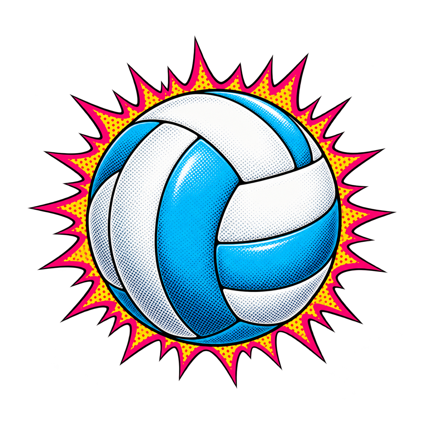 A blue-and-white volleyball sits in front of a jagged pink-and-yellow burst with dotted comic-book shading.