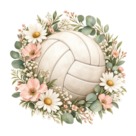 A cream volleyball is surrounded by pale pink flowers, white daisies and soft green foliage in a watercolor-style wreath.