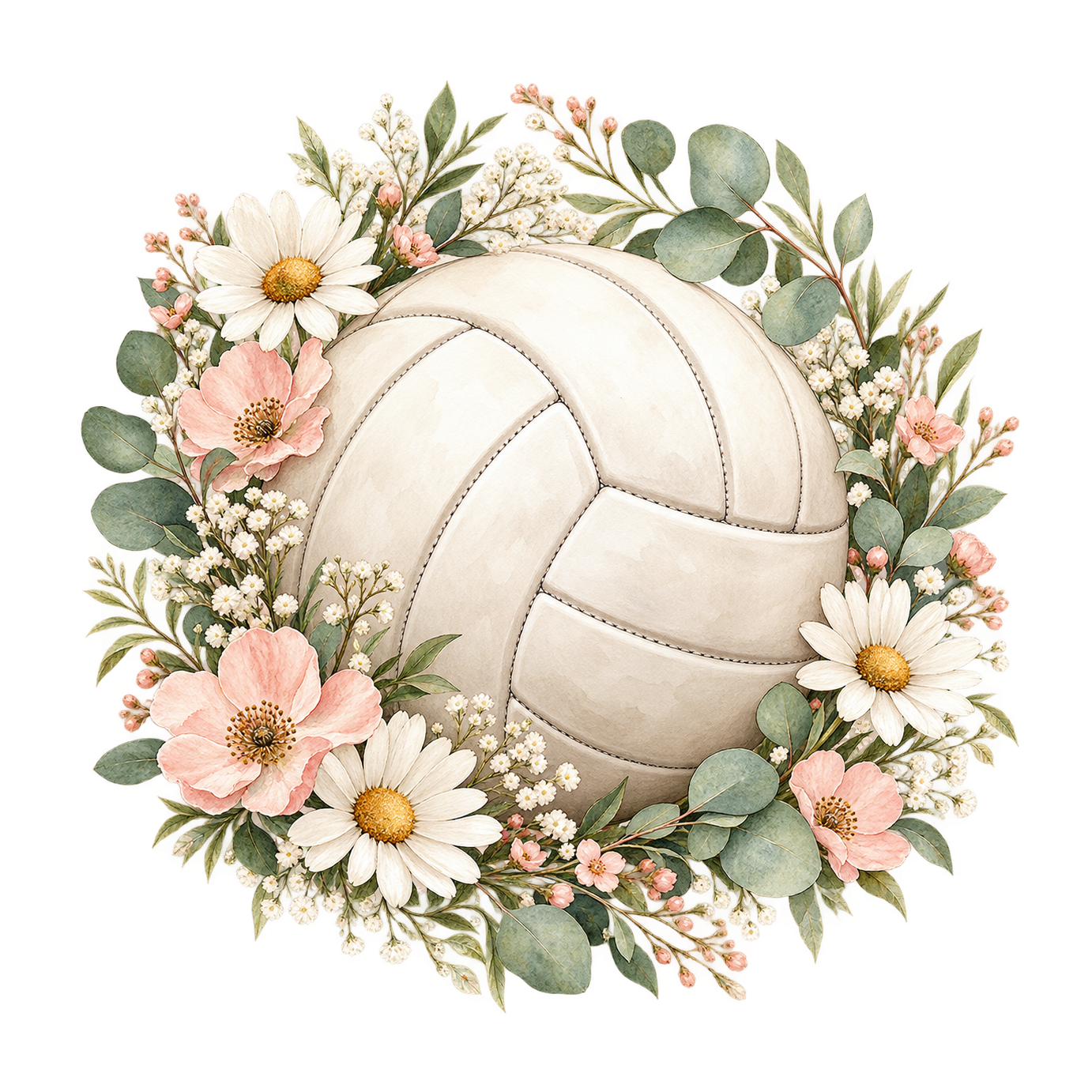A cream volleyball is surrounded by pale pink flowers, white daisies and soft green foliage in a watercolor-style wreath.