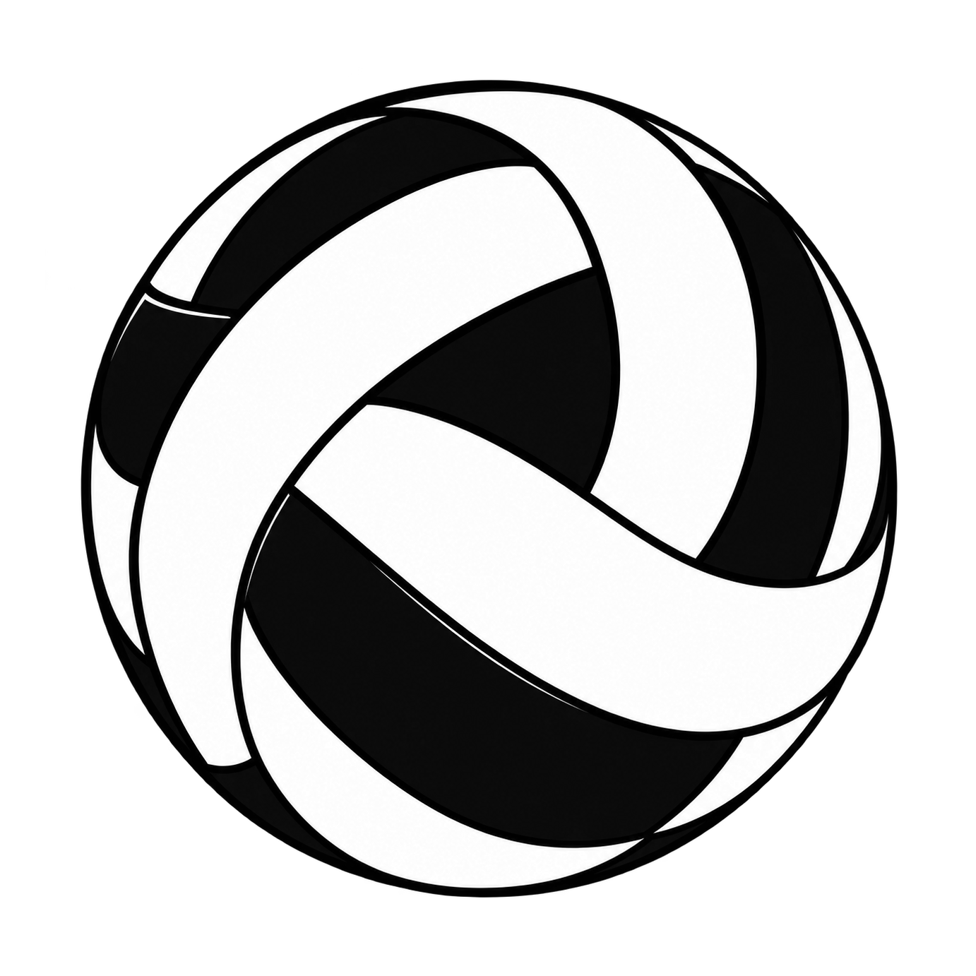 A circular volleyball uses sweeping black panels and crisp white gaps to create a bold geometric pattern.