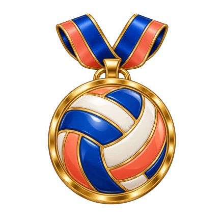 A round gold medal with a red, white and blue volleyball hangs from a looped red-and-blue ribbon.