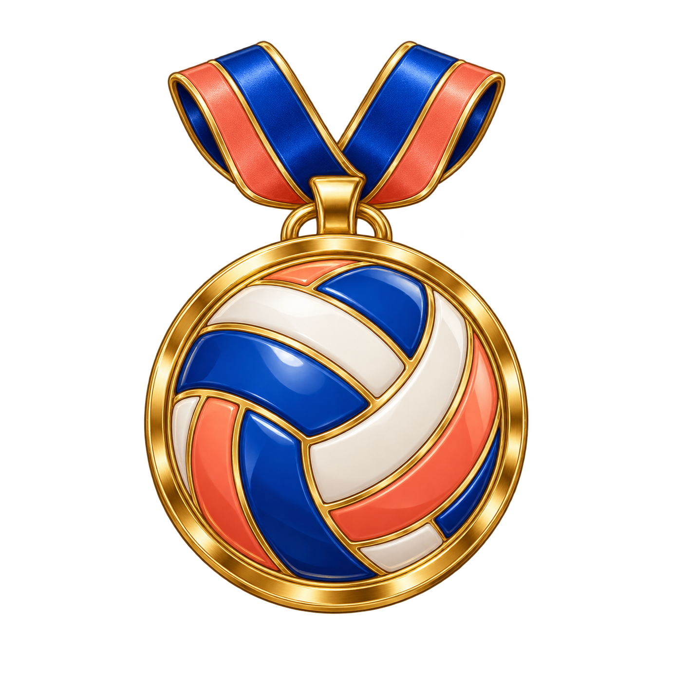 A round gold medal with a red, white and blue volleyball hangs from a looped red-and-blue ribbon.