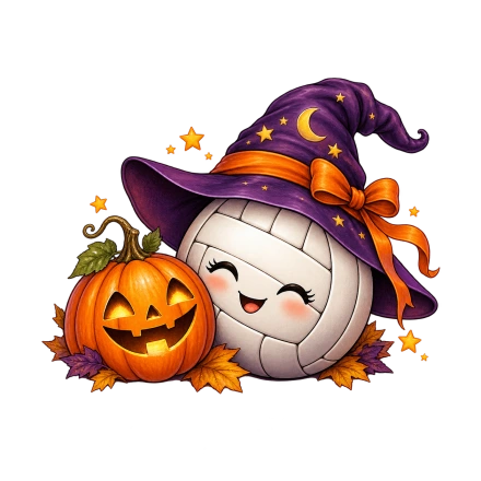 A smiling volleyball in a purple star-patterned witch hat sits beside an orange jack-o'-lantern and scattered autumn leaves.