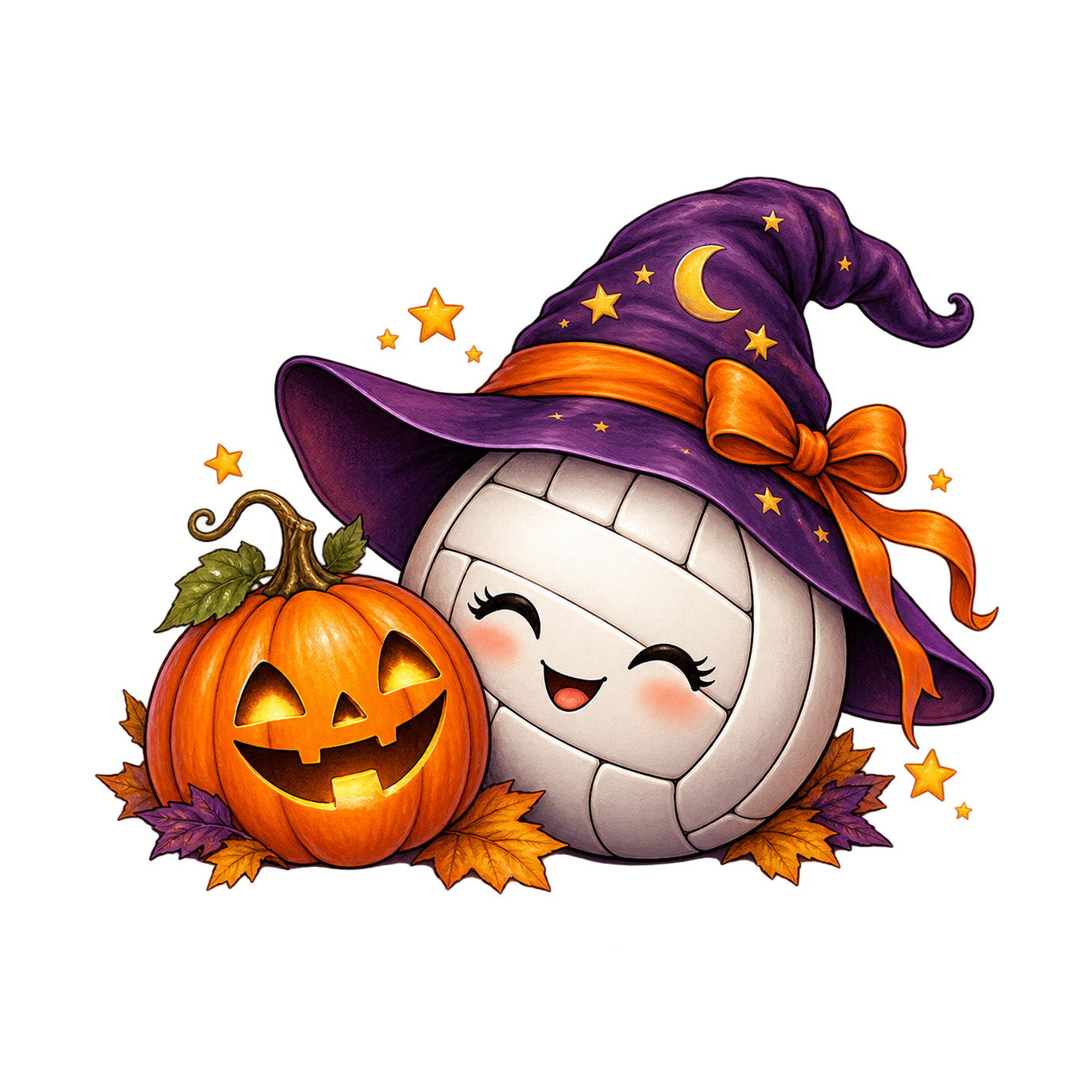 A smiling volleyball in a purple star-patterned witch hat sits beside an orange jack-o'-lantern and scattered autumn leaves.