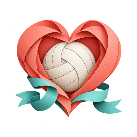 A cream volleyball sits inside a folded coral heart, with a teal ribbon curling across the bottom.