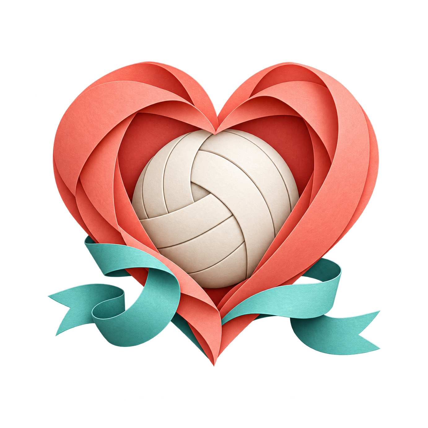 A cream volleyball sits inside a folded coral heart, with a teal ribbon curling across the bottom.