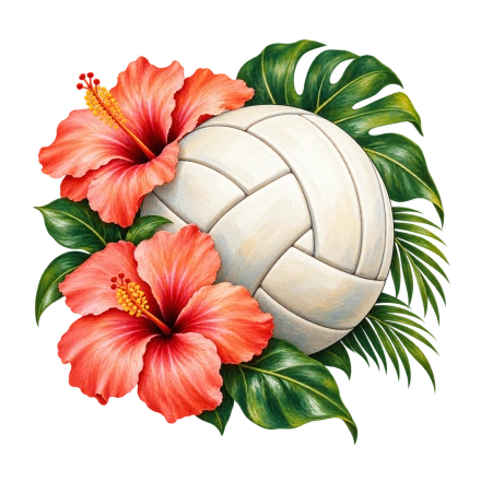 A cream volleyball rests among two coral hibiscus flowers, broad tropical leaves and yellow stamens.