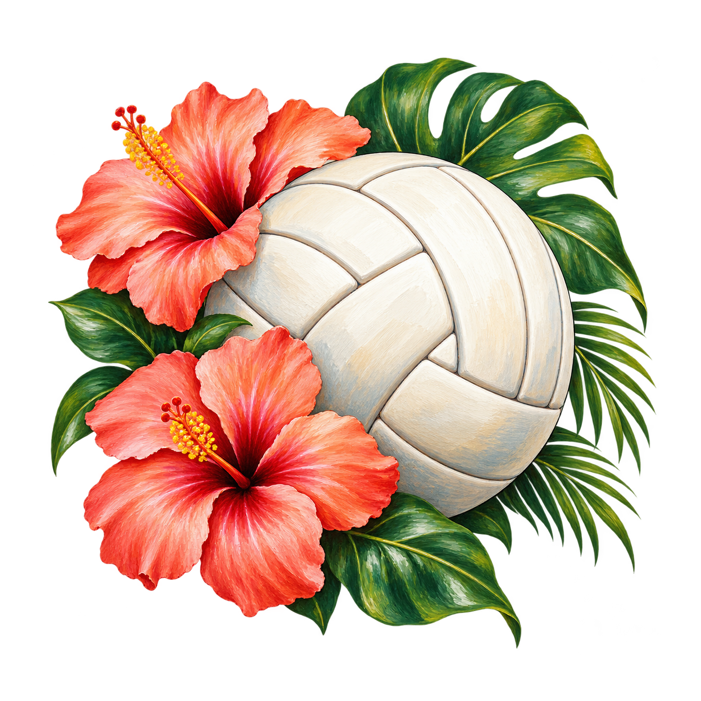 A cream volleyball rests among two coral hibiscus flowers, broad tropical leaves and yellow stamens.