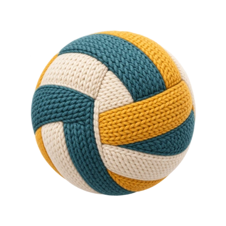 A round volleyball has cream, teal and mustard panels rendered as closely knitted yarn stitches.