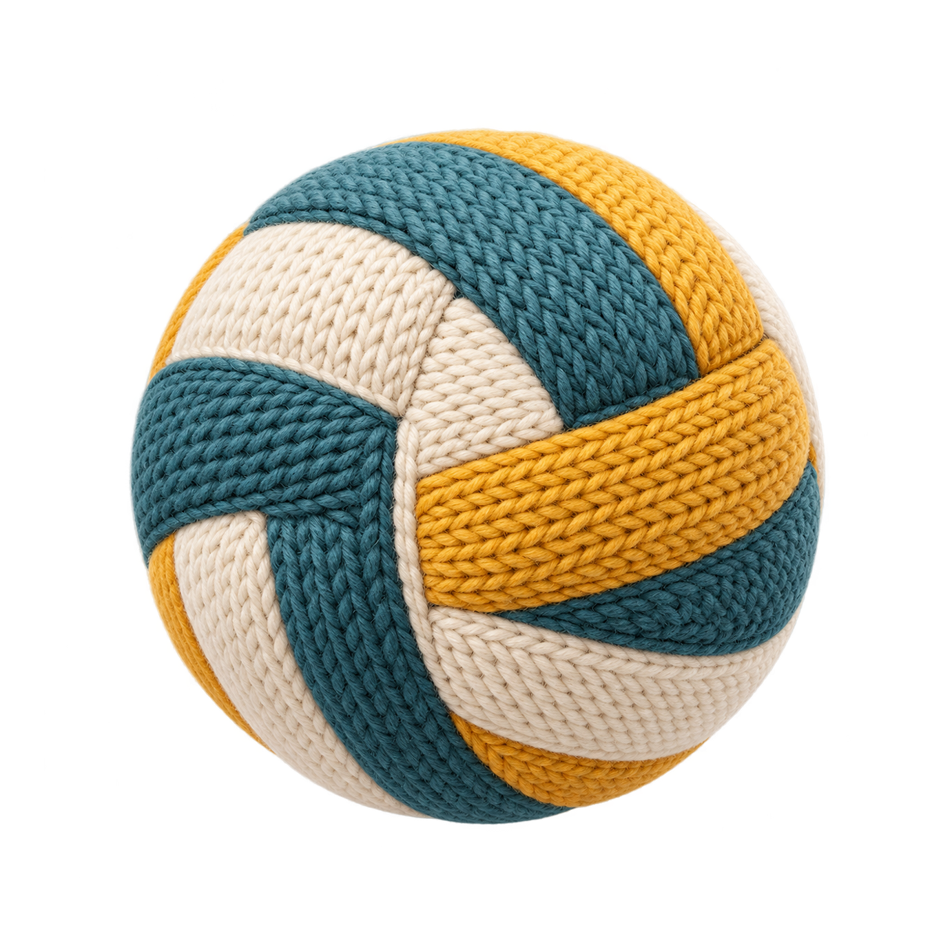 A round volleyball has cream, teal and mustard panels rendered as closely knitted yarn stitches.