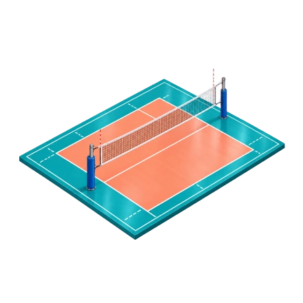 A coral volleyball court with teal borders, white lines and a central net is shown from an elevated angled view.
