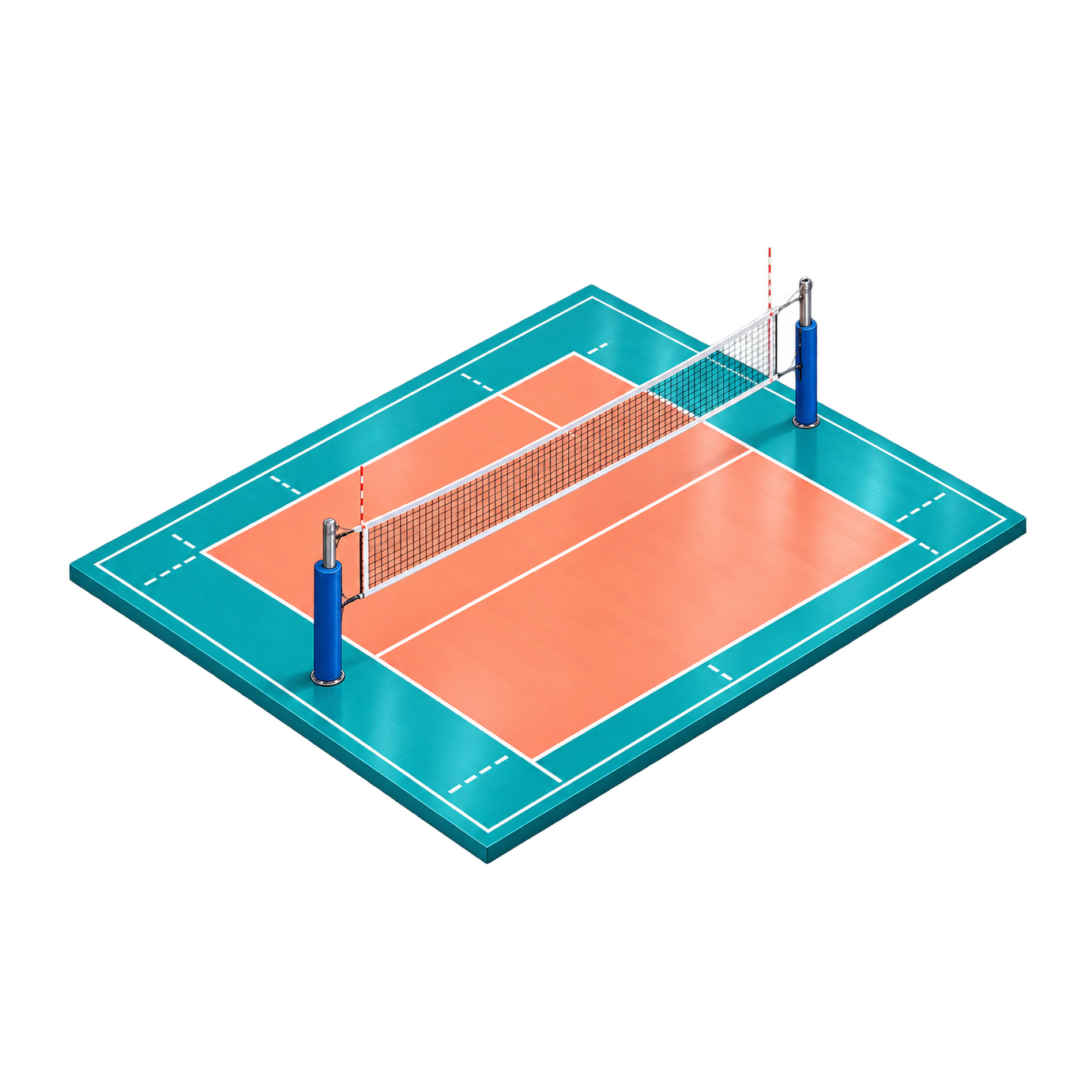 A coral volleyball court with teal borders, white lines and a central net is shown from an elevated angled view.