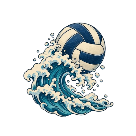 A navy-and-cream volleyball rises above a curling blue ocean wave with pale foam and fine ink-like contours.