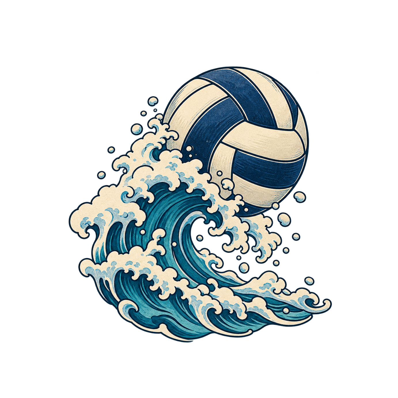 A navy-and-cream volleyball rises above a curling blue ocean wave with pale foam and fine ink-like contours.