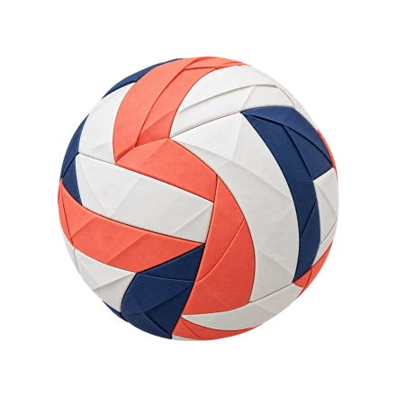 A volleyball is formed from angular folded-paper panels in coral, cream and dark navy.
