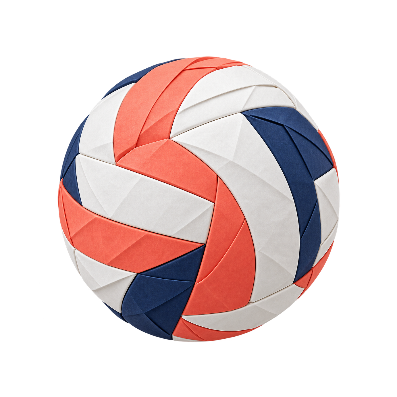 A volleyball is formed from angular folded-paper panels in coral, cream and dark navy.