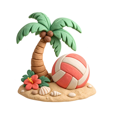 A coral-and-cream volleyball sits beneath a curved palm tree on a small sandy island with shells and a red flower.