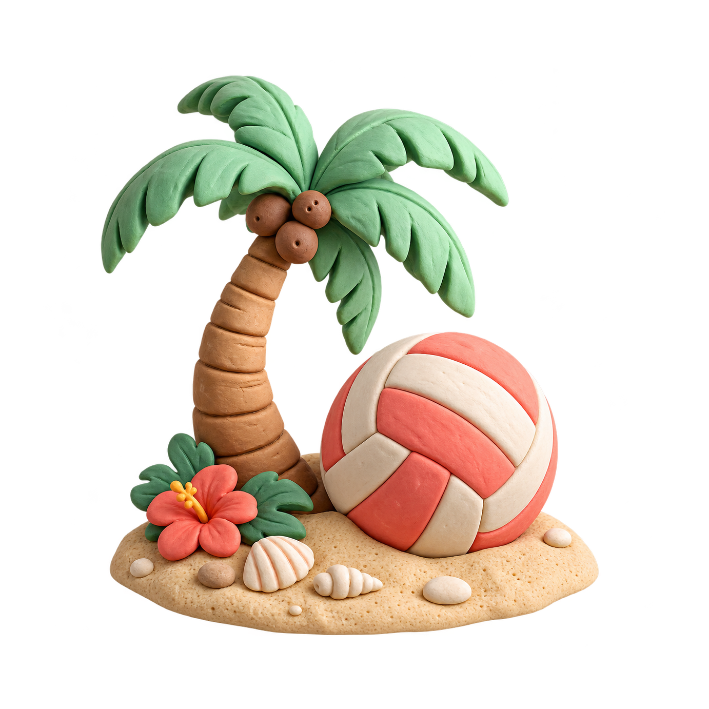 A coral-and-cream volleyball sits beneath a curved palm tree on a small sandy island with shells and a red flower.