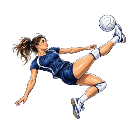 A woman in a navy volleyball kit leans sideways in midair with one leg raised and a white ball beside her shoe.