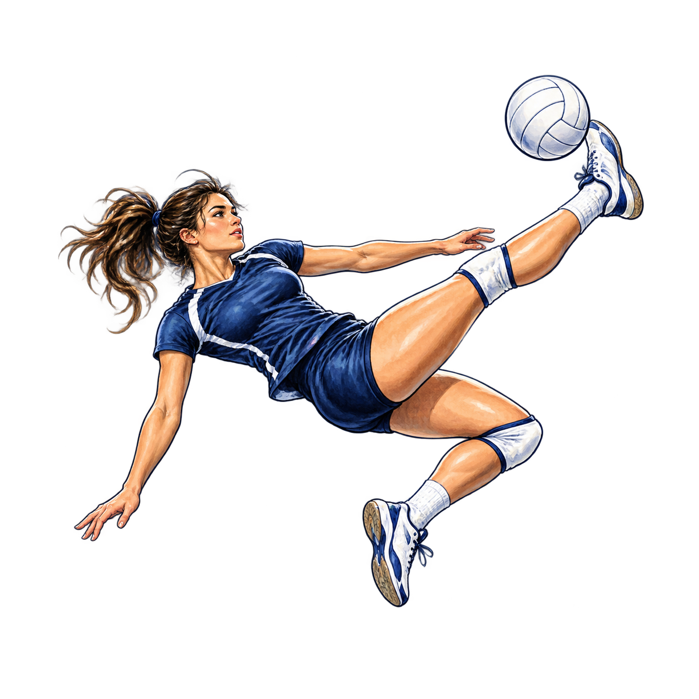 A woman in a navy volleyball kit leans sideways in midair with one leg raised and a white ball beside her shoe.
