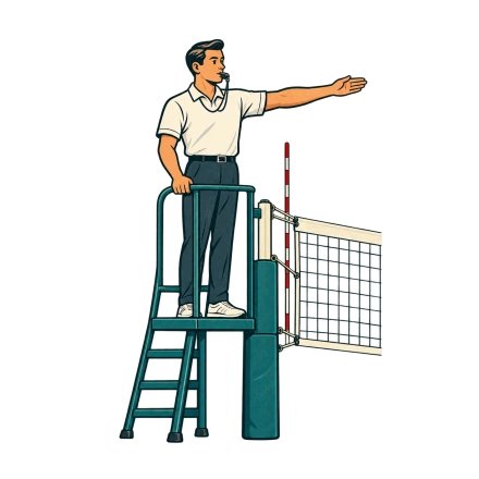 A referee in a pale shirt stands on a tall green platform beside a volleyball net and points one arm outward.