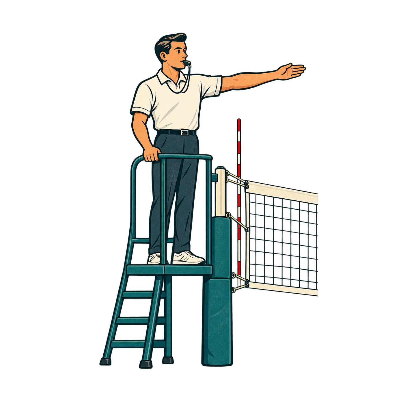 A referee in a pale shirt stands on a tall green platform beside a volleyball net and points one arm outward.