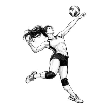 A black-and-white female volleyball player leaps with one arm reaching toward a shaded ball above her hand.