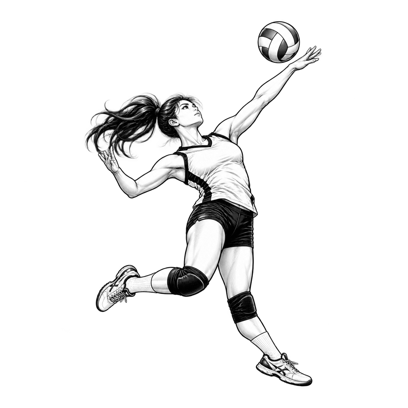 A black-and-white female volleyball player leaps with one arm reaching toward a shaded ball above her hand.