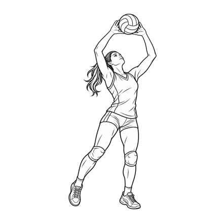 A female volleyball player in clean black line art raises both hands above her forehead beneath a volleyball.