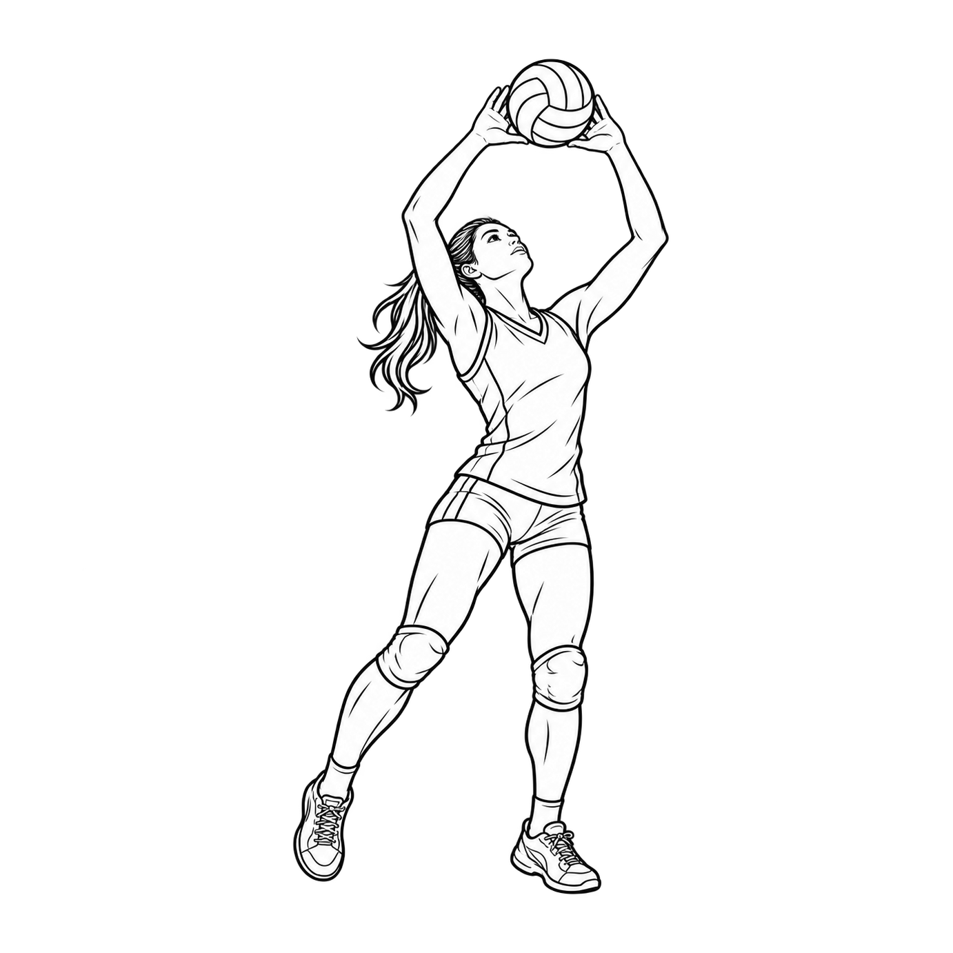 A female volleyball player in clean black line art raises both hands above her forehead beneath a volleyball.