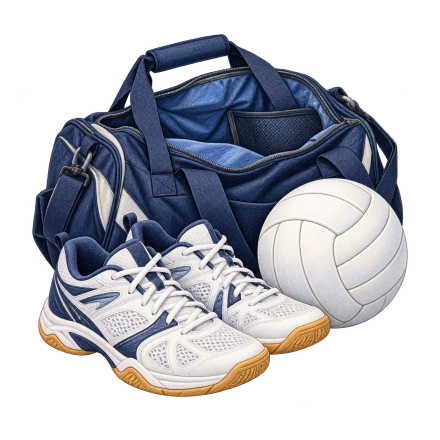 A navy duffel bag, white court shoes and a white volleyball are grouped together on a transparent background.