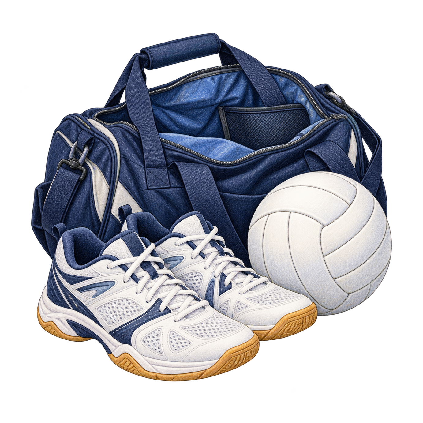 A navy duffel bag, white court shoes and a white volleyball are grouped together on a transparent background.