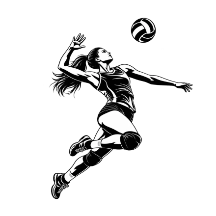 A female volleyball player rendered in bold black-and-white shapes jumps with an arm drawn back beneath a ball.