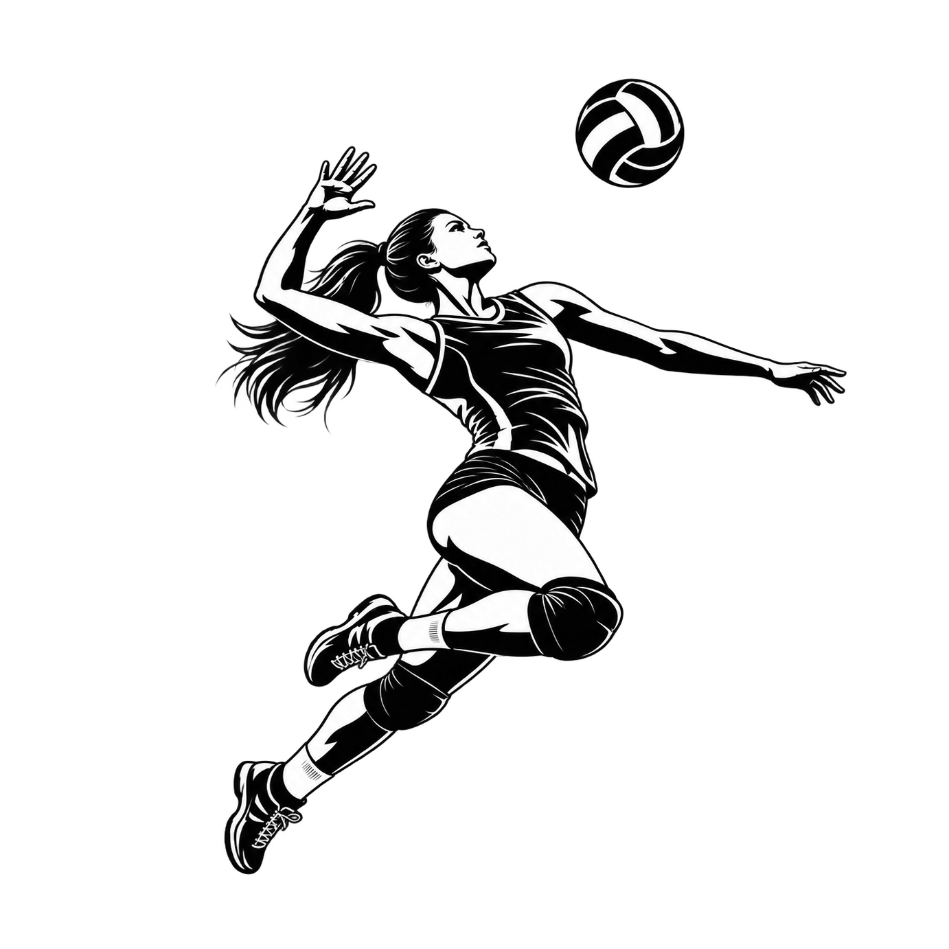 A female volleyball player rendered in bold black-and-white shapes jumps with an arm drawn back beneath a ball.