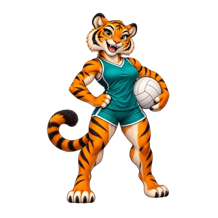 A smiling orange tiger in a teal sports uniform stands with one hand on its hip and a white volleyball under its arm.
