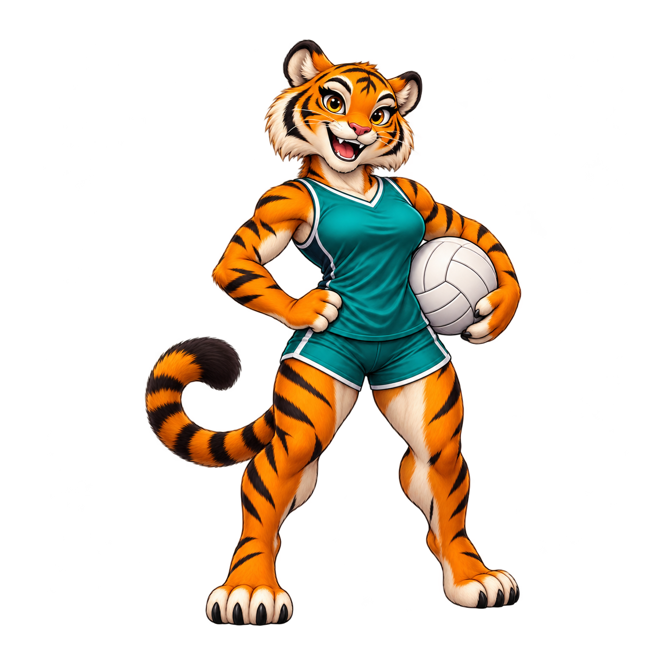 A smiling orange tiger in a teal sports uniform stands with one hand on its hip and a white volleyball under its arm.
