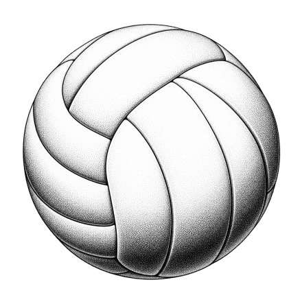 A black-and-white volleyball is shaded with fine dots that build dark curved panels and soft rounded highlights.