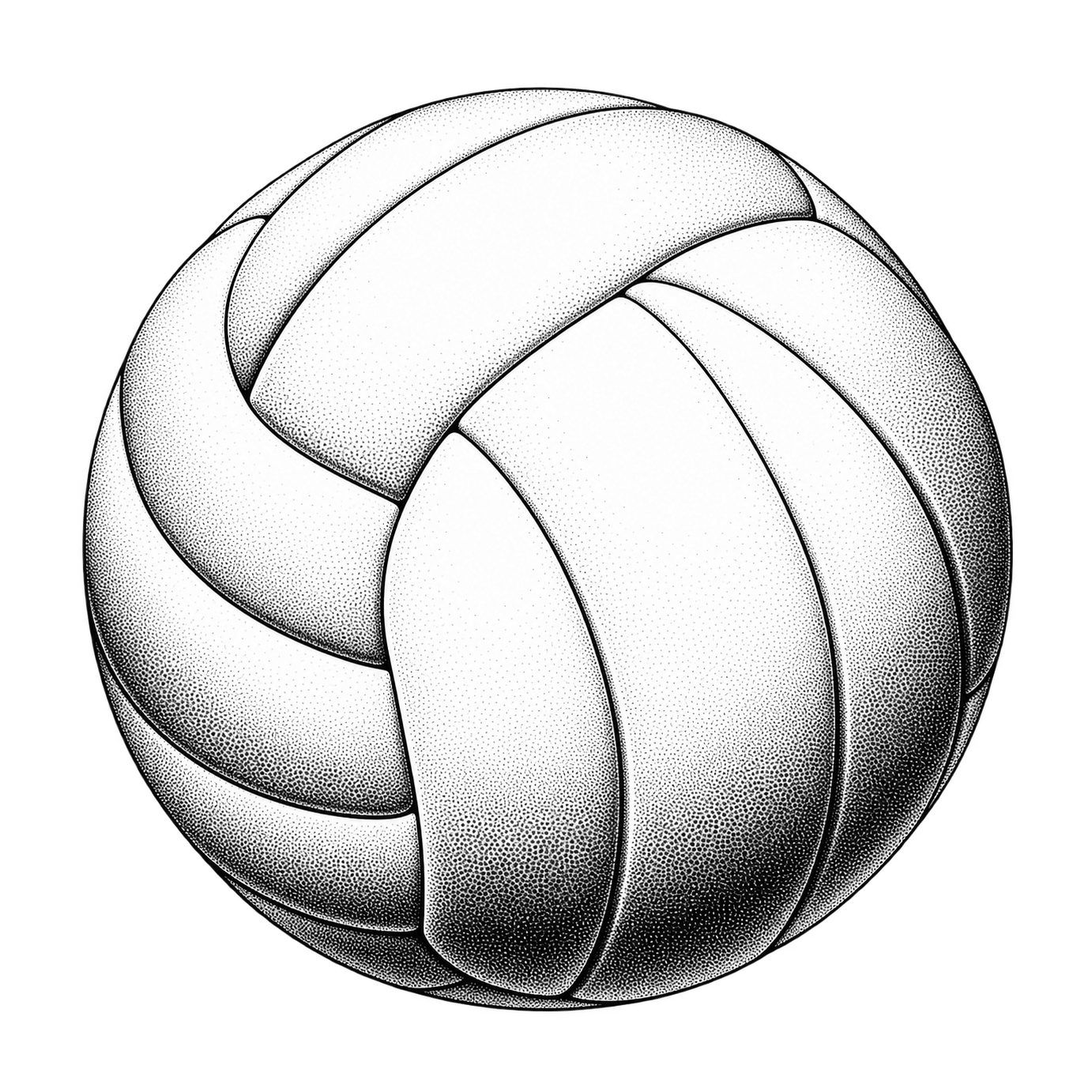 A black-and-white volleyball is shaded with fine dots that build dark curved panels and soft rounded highlights.