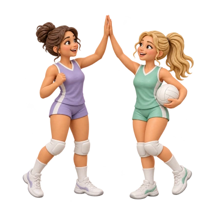 Two smiling women in lavender and mint volleyball outfits raise their hands for a high five, with one holding a white ball.