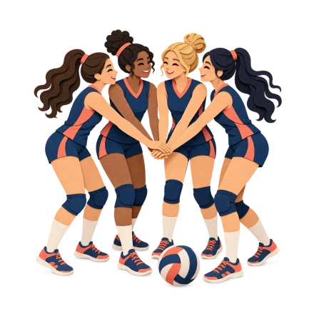 Four women in navy-and-orange volleyball uniforms lean together with their hands stacked above a ball, drawn in layered flat shapes.