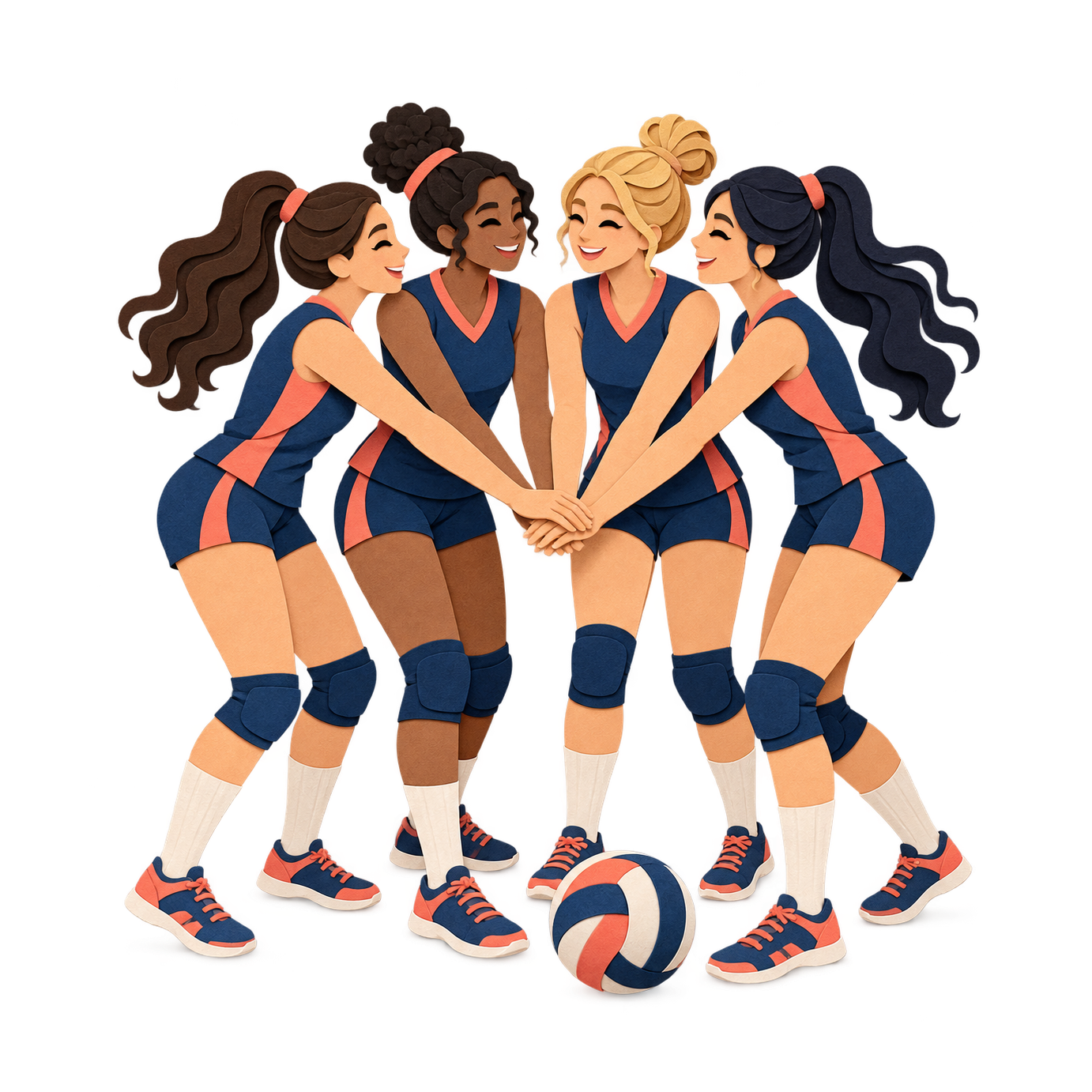 Four women in navy-and-orange volleyball uniforms lean together with their hands stacked above a ball, drawn in layered flat shapes.