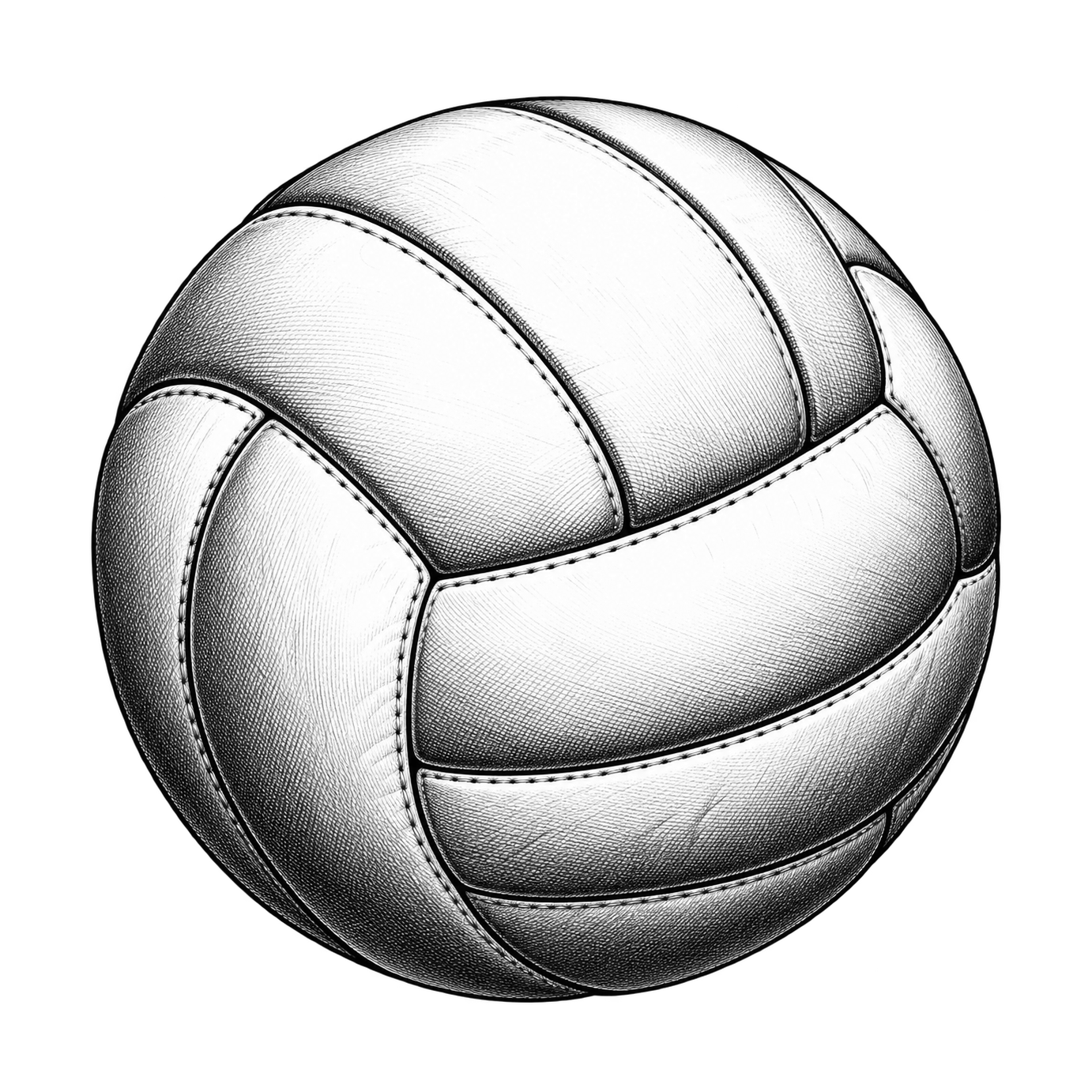 A black-and-white volleyball has fine engraved shading and closely drawn stitch marks along its curved seams.