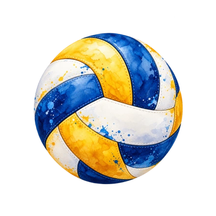 A volleyball with blue, yellow and white curved panels is painted with watercolor-like splashes, speckles and soft highlights.