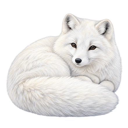 A white arctic fox curls its fluffy tail around its body and looks forward.