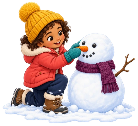 A child in a coral coat kneels beside a snowman and adds its carrot nose.