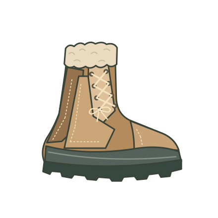 A tan lace-up snow boot in side view with a thick cream collar, stitched leather panels and dark rubber tread.