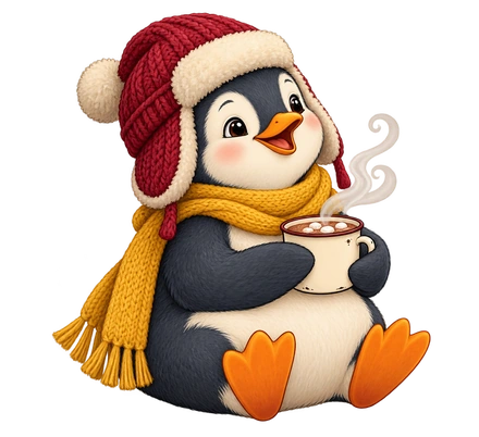 A smiling penguin in a red winter hat and mustard scarf holds a steaming mug of cocoa.