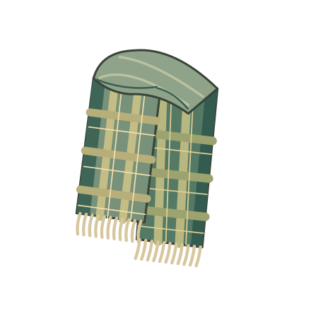 A folded forest-green plaid scarf with overlapping uneven ends, gold woven stripes and cream fringes.