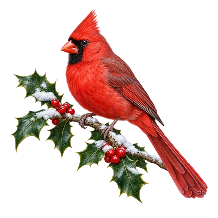 A red northern cardinal perches on a snowy holly branch with green leaves and red berries.