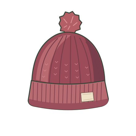 A burgundy knitted winter hat with a textured pom-pom, ribbed folded cuff and small cream label.